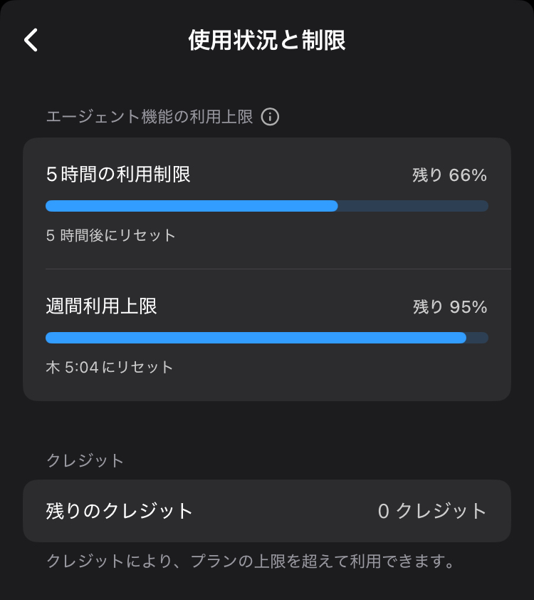 5時間の利用制限が残り66%、週間利用上限が残り95%と表示された画面