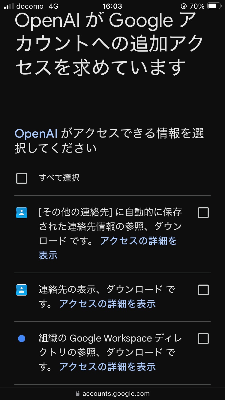 Googleの認可画面に、その他の連絡先、連絡先、組織のGoogle Workspaceディレクトリへのアクセス候補が表示されている。公開用画像ではアカウント識別情報を除去している