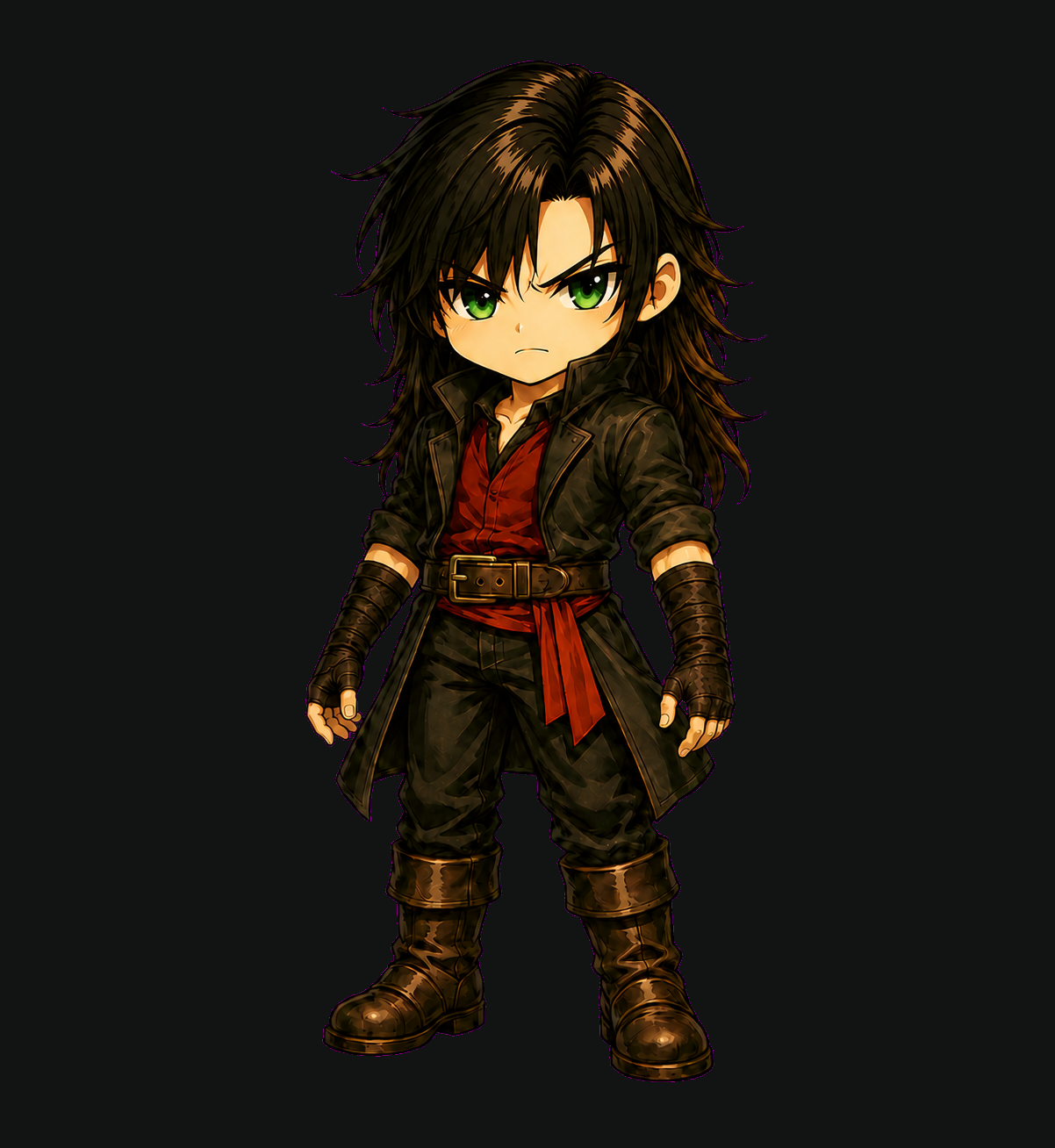 黒い長髪を本人左側で分け、緑の目、黒い外套、紅の内衣、前腕まで覆う長い手甲を着けた奏刻のペット用基準姿。