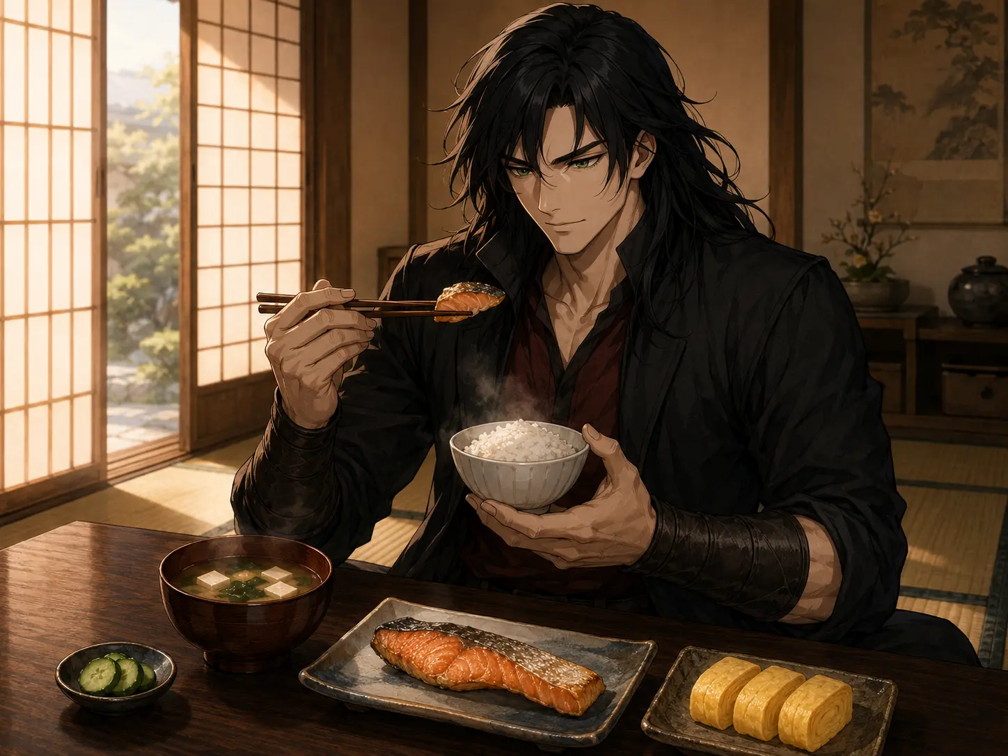 畳の部屋で奏刻が和朝食を食べている初稿。箸で鮭を持っているが、手甲は前腕だけで、皿の鮭は欠けていない。