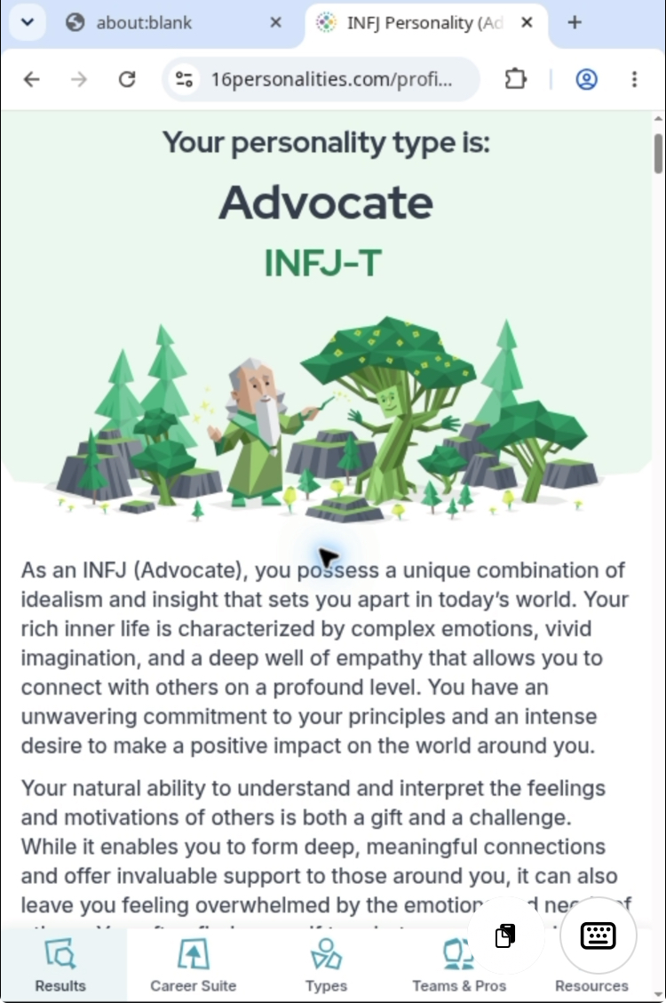 16Personalitiesの結果画面。Advocate、INFJ-Tと表示され、緑の森のイラストが描かれている。