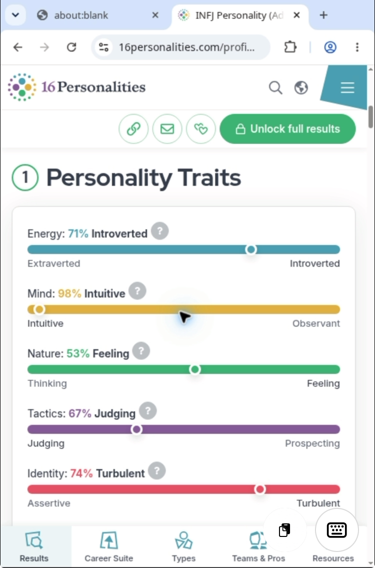 16Personalitiesの指標画面。71% Introverted、98% Intuitive、53% Feeling、67% Judging、74% Turbulentと表示されている。